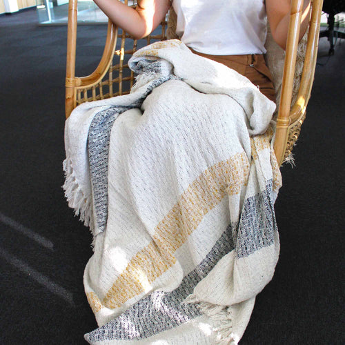Close-up of Boho Comfort Throw tasselled edge – 100% cotton made in India, Beauwood home collection